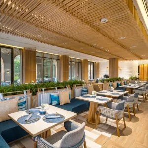 Modern Booth Seating Metal Leg Dining Chairs Fluted Base Square Table Seaside Resort Bistro Package Hotel Restaurant Furniture
