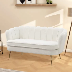 Modern Boucle Fabric Loveseat Sofa Tufted Back Two Seater Couch with Gold Metal Legs for Apartment Living Room Office