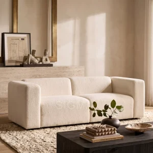 Modern Boucle Modular Sofa 2 Seater Square Arm Living Room Sofa Cream White Minimalist Upholstered Couch