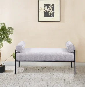 Modern Boucle Upholstered Bench with Leather Strap Bolster Pillows Luxury Metal Frame Indoor Daybed for Bedroom Living Room