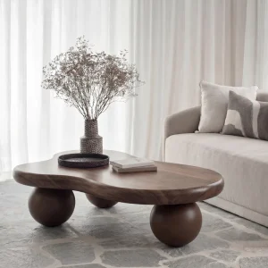 Modern Brown Coffee Table with Cloud-Shaped Irregular Form and Ball Legs