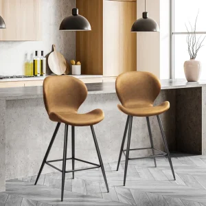 Modern Brown Leather High Bar Stool with Matte Black Metal Legs Durable for Dining Home Bar Living Room Hotel Use Bar Furniture