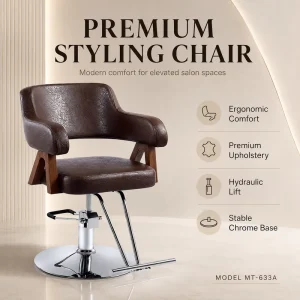 Modern Brown Salon Styling Chair Hydraulic Barber Chair with Round Base Footrest and Wood Armrest Design