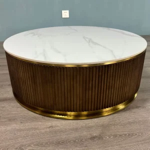 Modern Brown and Black Walnut Wood Frame Coffee Table with Sintered Stone Top and Storage Living Room Furniture