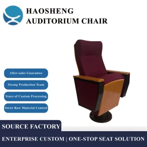 Modern Burgundy Solid Wood Seat Auditorium Chair Single Round Base Theater Seating Wooden Armrest Hidden Writing Pad Steel Legs