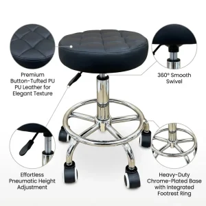 Modern Button Tufted Leather Bar Chairs Metal Base Swivel Adjustable Rolling Bar Stools with Footrest Ring for Kitchen Island