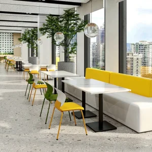 Modern Cafe Coffee Shop Restaurant Furniture Set Marble Table Tops Green and Yellow Plastic Chairs and Sofa Booths