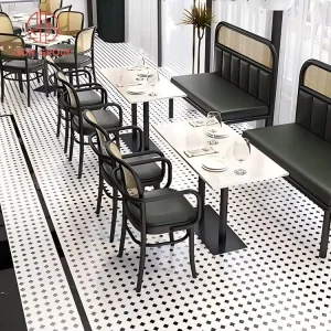 Modern Cafe Coffee Shop Restaurant Furniture Set Wood Chairs with Marble Square Table Tops Leather Rattan Booth Dining Set
