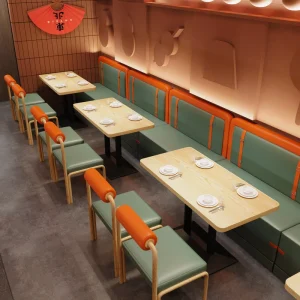 Modern Cafe Dining Set Wood Coffee Shop Booth Table with Leather Restaurant Chairs for Hotels and Restaurants