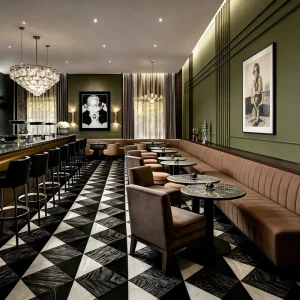 Modern Cafe Furniture Bar Furniture Custom Bench Brown Leather Upholstered Restaurant Chair With Table For Hotel Lounge Bistro