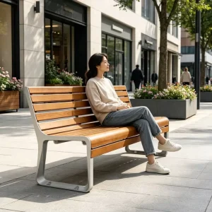 Modern Cast Aluminum Leg Park Bench Garden Seating Outdoor Long Chair Durable Public Street Furniture Patio Wood Outdoor Bench