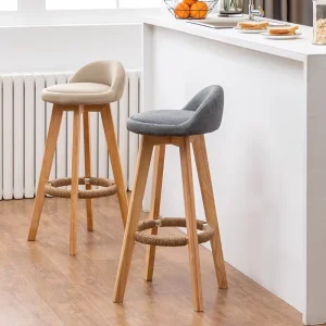 Modern Casual Bar Chair Solid Wood High Stool with Leather Rotate for Kitchen Restaurant Living Room Use