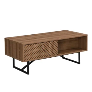 Modern Casual Coffee Table with Linear Surface Wood Top and Metal Frame Lightweight Easy Assembly