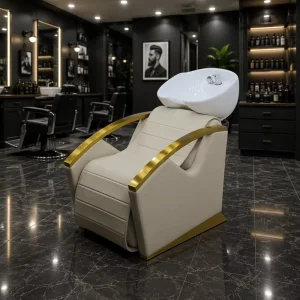 Modern Ceramic Salon Shampoo Bowl and Basin with Adjustable Footrest for Beauty Salon and Barbershop