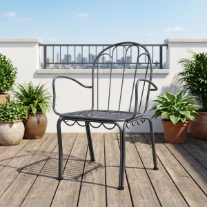 Modern Charcoal Grey French Style Scalloped Metal Armchair Wavy Back Detail Vertical Slat Seat For Outdoor Patio Cafe