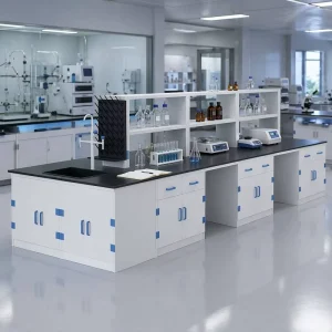 Modern Chemical Resistant PP Laboratory Island Table Central Workbench with Sink Faucet Reagent Rack for Lab Safety