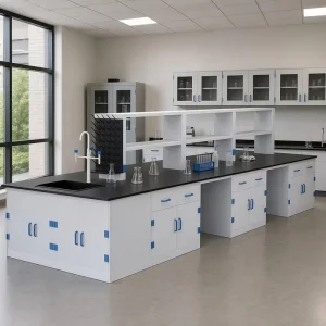 Modern Chemical Resistant PP Laboratory Island Table Central Workbench with Sink Faucet Reagent Rack for Lab Safety