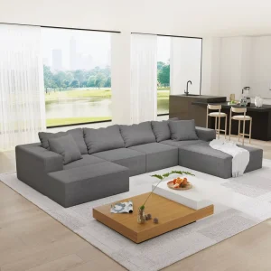 Modern Chenille Upholstered Modular 132″ L-Shaped Sectional Sofa Set with 6 Pillows Eco-Friendly Design for Living Room Bedroom