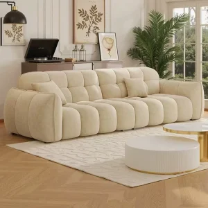 Modern Chesterfield Three Seat Upholstered Fabric Sofa Reclining Removable Washable Cover Cream Color Sofa Bed Function Hotel