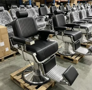 Modern Chrome Hydraulic Barber Chair Adjustable Professional Salon Styling Ribbed Tufted Black Pu with Heavy Duty Base
