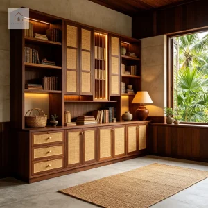 Modern Classic Library Cabinetry Bespoke Bookshelf with Desk Mahogany Toned Wood Grain Custom Luxury Study Set