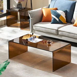 Modern Clear Brown Glass Irregular Shape Coffee Table with Storage for Living Room Home Furniture