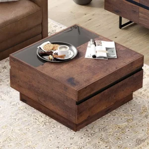 Modern Coffee Table Square Living Room Tables with Tempered Glass Top and Two Large Storage Drawers 31.5″x 31.5″ Brown