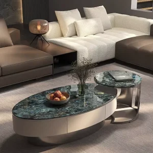 Modern Coffee Table Stainless Steel Frame Oval Shape with Hidden Storage for Living Room Hotel Office