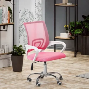 Modern Colorful Pink Chrome Wing Back Full Mesh Computer Office Chair with Adjustable Height and Revolving Base