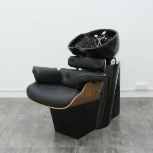 Modern Comfortable Black PU Leather Wood Frame High-Density Sponge Hair Wash Chair Ceramic Basin Barber Shop Furniture Beauty