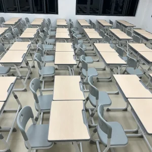 Modern Comfortable Durable Height Adjustable School Desks and Chairs Set with Metal Frame Wood Top Book Basket for Home Office