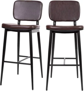 Modern Commercial Chair Mid-Back Bar Stools Brown Leather Soft Upholstery Black Iron Frame Integrated Footrest