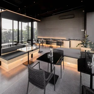 Modern Commercial Coffee Shop Furniture Set Ergonomic Booth Sofa Rattan Chairs Oak Table for Cafe Restaurant Interior