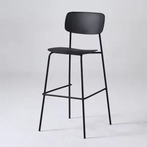 Modern Commercial Flat Square Rounded Back Bar Stool Matching Color Slender Tall Metal Legs Welded Footrest Hotel Dining Kitchen