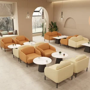 Modern Commercial Furniture Cafe Sofa and Round Table Set Leather Dining Table and Chairs for Hotel Lobby and Restaurant Project