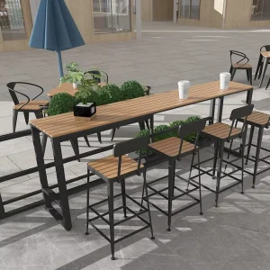 Modern Commercial Outdoor Waterproof Plastic Wood Furniture Set Milk Tea Shop Long Bar Table Chair Coffee Bar