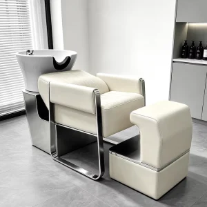 Modern Commercial Salon Shampoo Bed with Ceramic Basin Semi Reclining Stainless Steel Hair Washing Table & Rinsing Chair