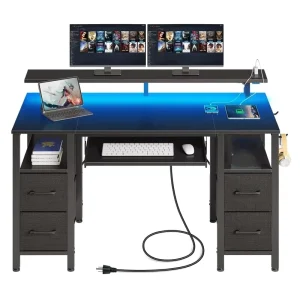 Modern Computer Desk with LED Lights and Power Outlets and Monitor Stand White Study Desk with 4 Drawers Work Desk for Home Office