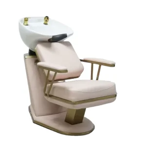 Modern Contemporary Golden Hair Salon Chair with White Ceramic Basin Synthetic Leather Footrest Washable Shampoo Bed