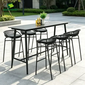 Modern Contemporary Outdoor Bar Set Aluminum Frame Stools Cushion HPL Table Water Resistant Eco Friendly Commercial Furniture