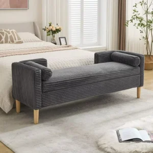 Modern Corduroy Storage Bench with 2 Pillows Tufted End of Bed Ottoman Upholstered Bedroom Window Seat for Apartment
