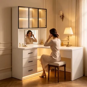 Modern Corner Vanity and Desk Combo with Display Cabinet and Perforated Panel Storage Bedroom Makeup