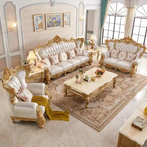 Modern Couch Living Room Sofa Solid Wood Carved Sofa Set Retro Royal European Leather Living Sofa Set