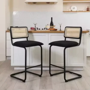 Modern Counter Height Black Bar Stools with Natural Rattan Back Home Bar Coffee & Kitchen Dining Chair Stainless Metal Legs