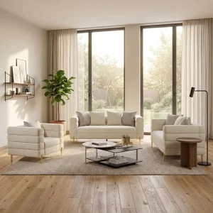 Modern Cream Boucle Upholstered Sofa Set 3 Pieces with Channel Arm and Gold Metal Legs for Living Room Villa and Mall