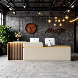 Modern Cream Custom Reception Desk Beauty Salon Counter Small Reception Table Nail Salon Circular Reception Desk