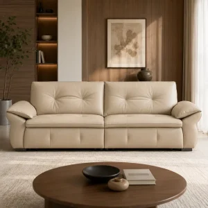 Modern Cream Genuine Leather Eco Friendly Sofa with Cushion Back Sponge Filled for Apartment and Hotel Living Rooms
