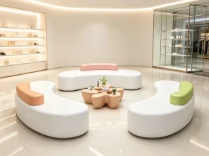 Modern Curved Cashew Shape Fiberglass Bench Glossy Integrated Molded Public Seating for Mall Hotel Outdoor Lobby