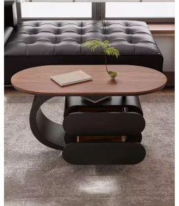 Modern Curved Coffee Table with Sintered Stone Top Swivel Wheels and 2 Drawers
