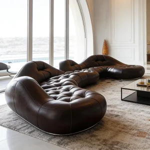 Modern Curved Leather Sofa Tufted Brown Chesterfield Sectional Large Living Room Furniture Sinuous Designer Couch